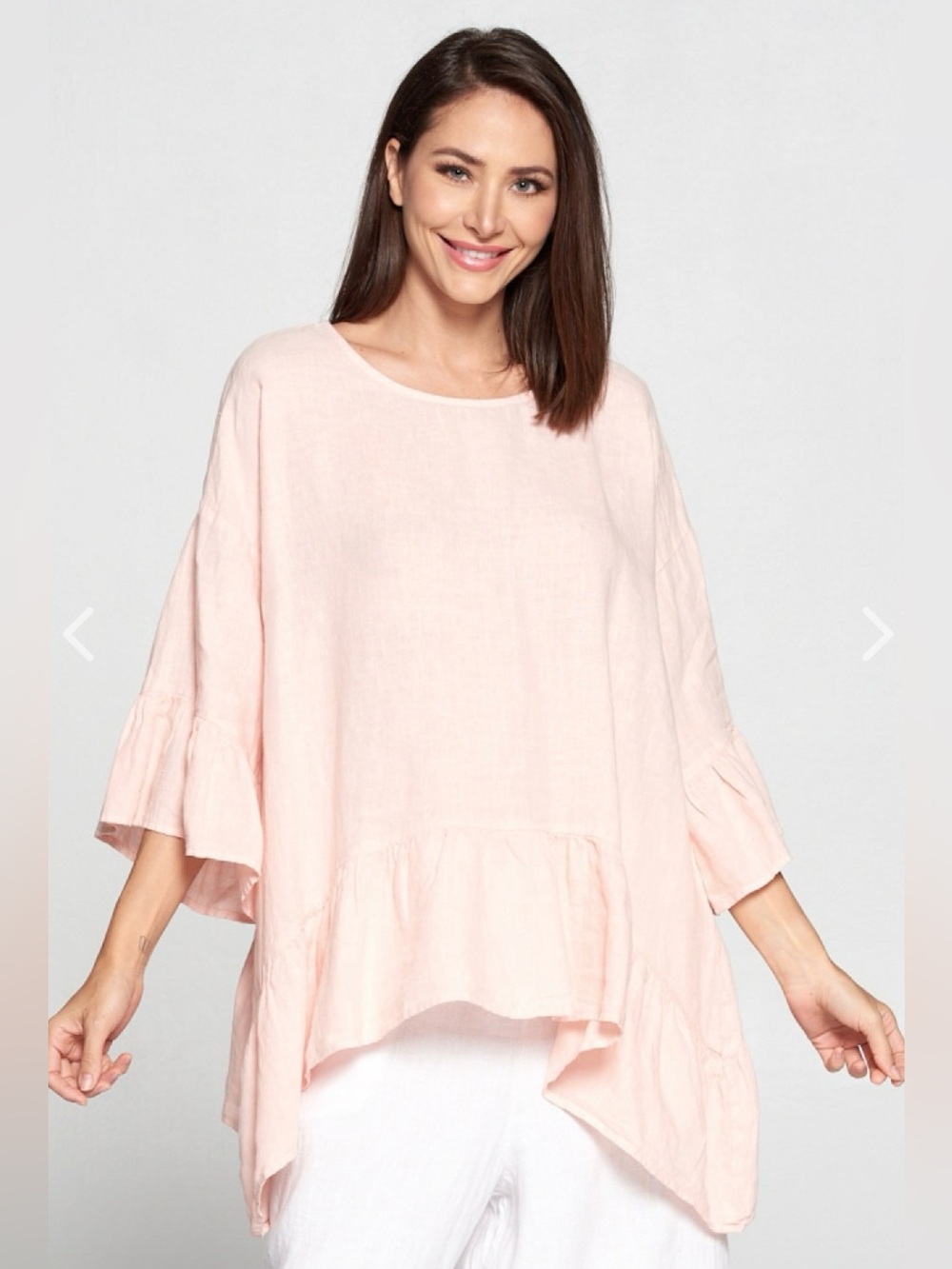 Match Point Light Pink Ruffle-Hem Linen Tunic Lagenlook
